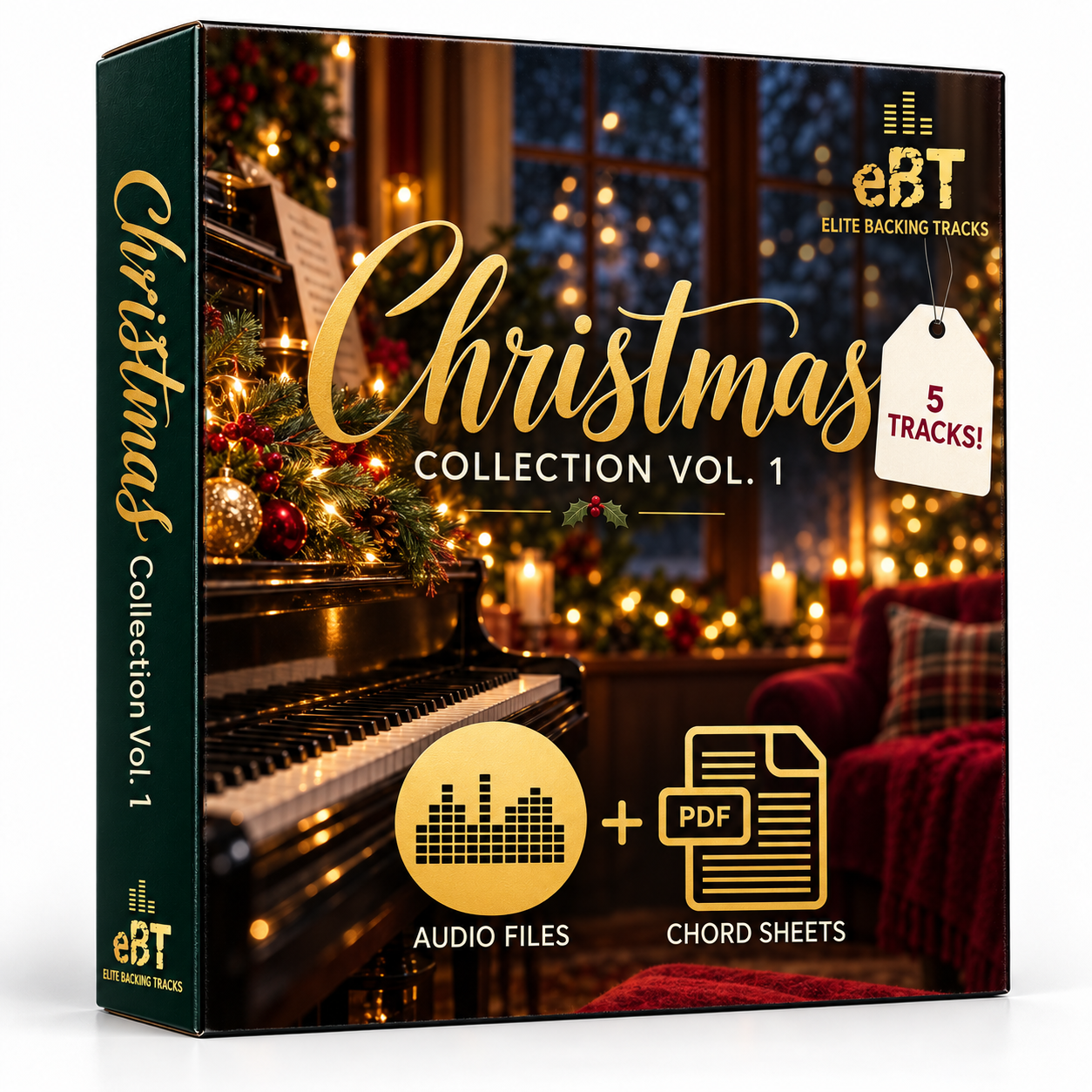 Christmas Collection Vol. 1 redesigned box with eBT logo, audio files and PDF chord sheets symbols on white studio background