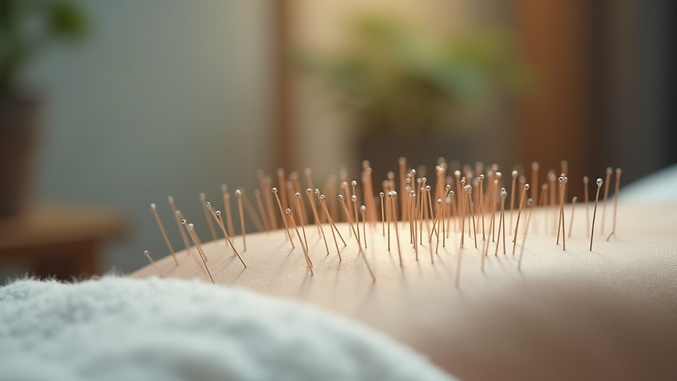 Close-up view of acupuncture needles on a treatment table