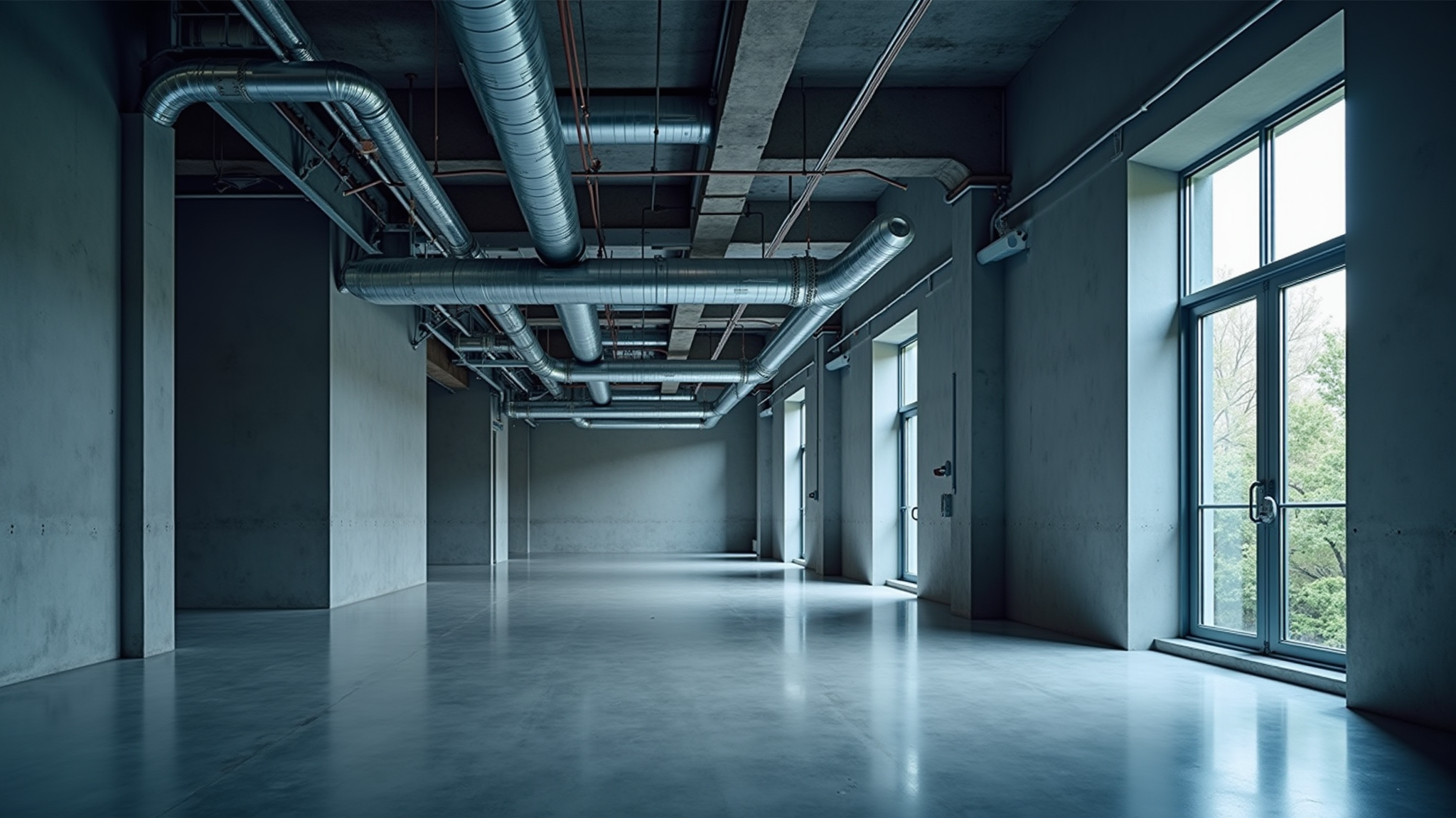 hallway with mechanical pipes overhead