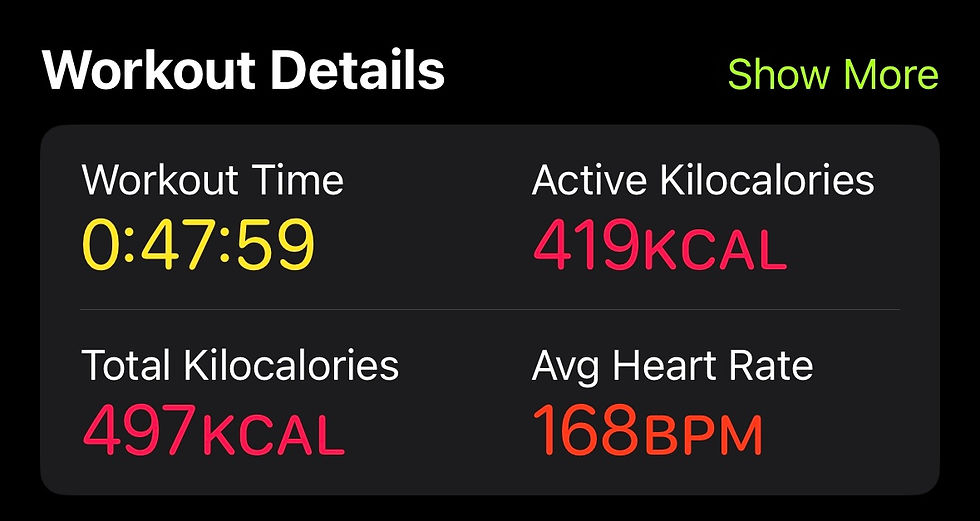 Apple Watch workout from spinning. Workout time 47 minutes. Active Kilocarlories 419. Total Kilocalories 497. Average heart rate 168bpm