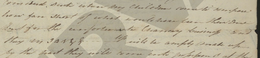 Reference to the 'unfortunate Chancery business' in Mary Vickers' draft will, 1817 (click image to view full version)