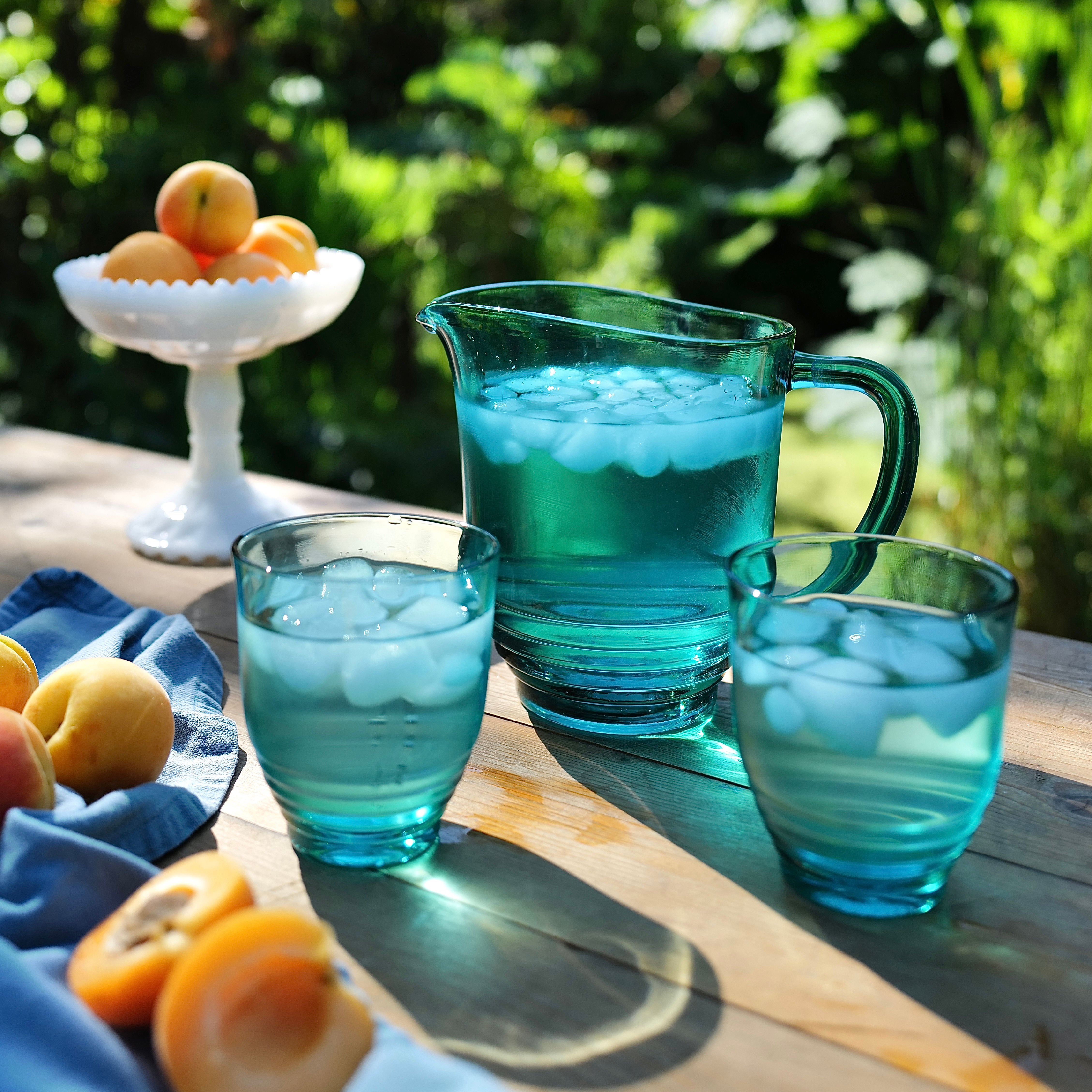 A Vintage Aqua Glass Beehive Design Jug and Two Matching Tumblers