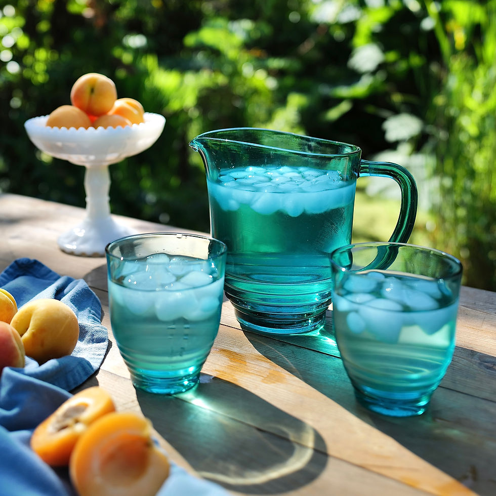 A Vintage Aqua Glass Beehive Design Jug and Two Matching Tumblers