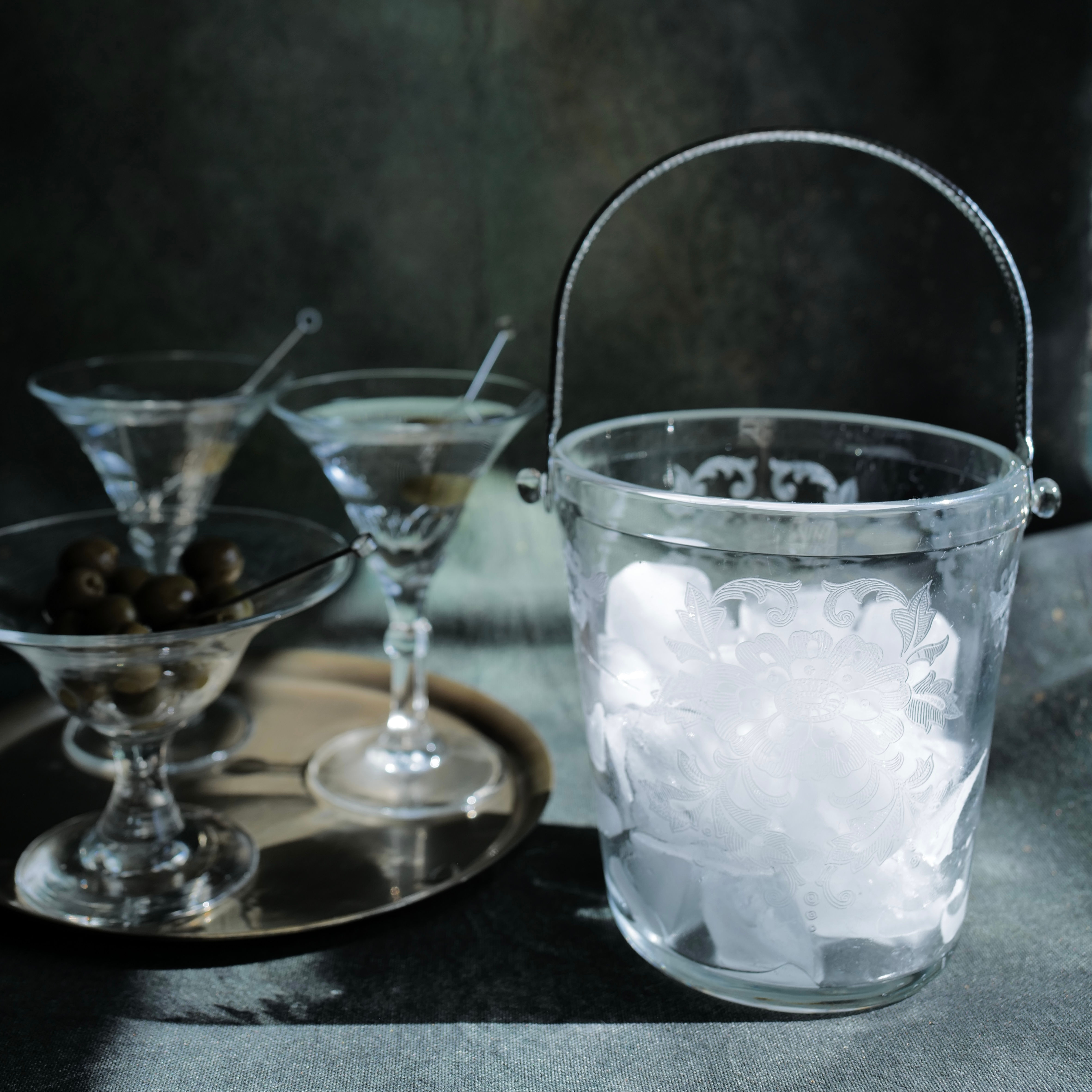 A Vintage Needle-Etched Glass Ice Bucket With Hammered Chrome Handle