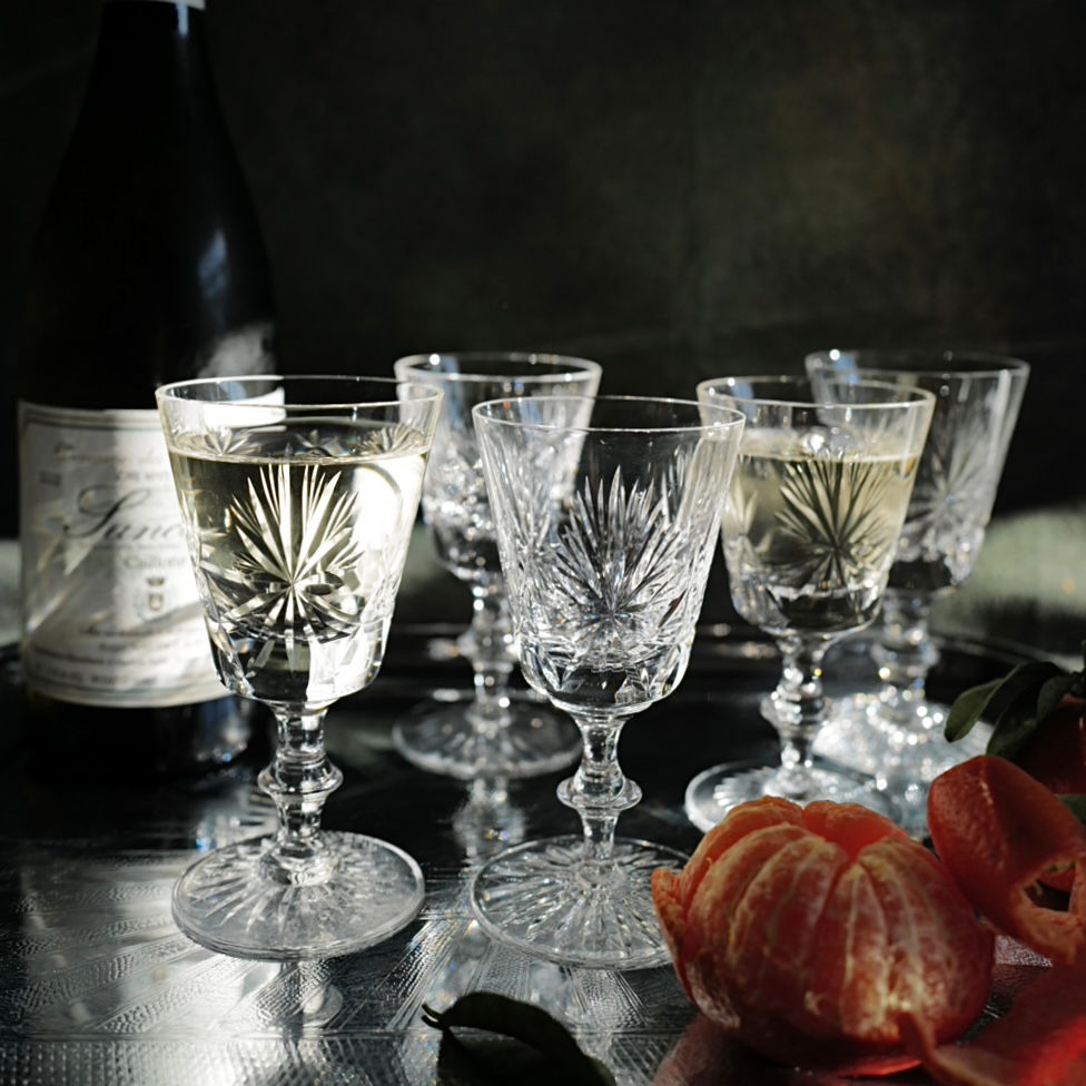 A Set of Five Classic Star of Edinburgh Cut Crystal Wine Glasses