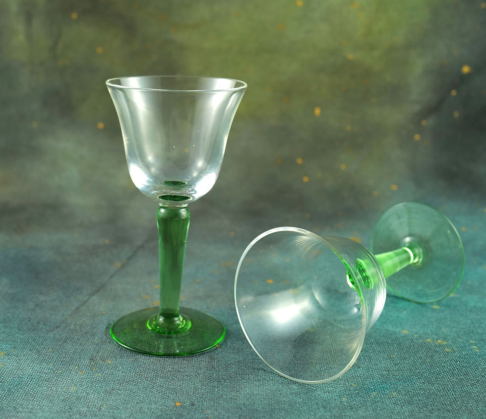 Thumbnail: A Set of Six Vintage Green Stemmed Small Crystal glasses