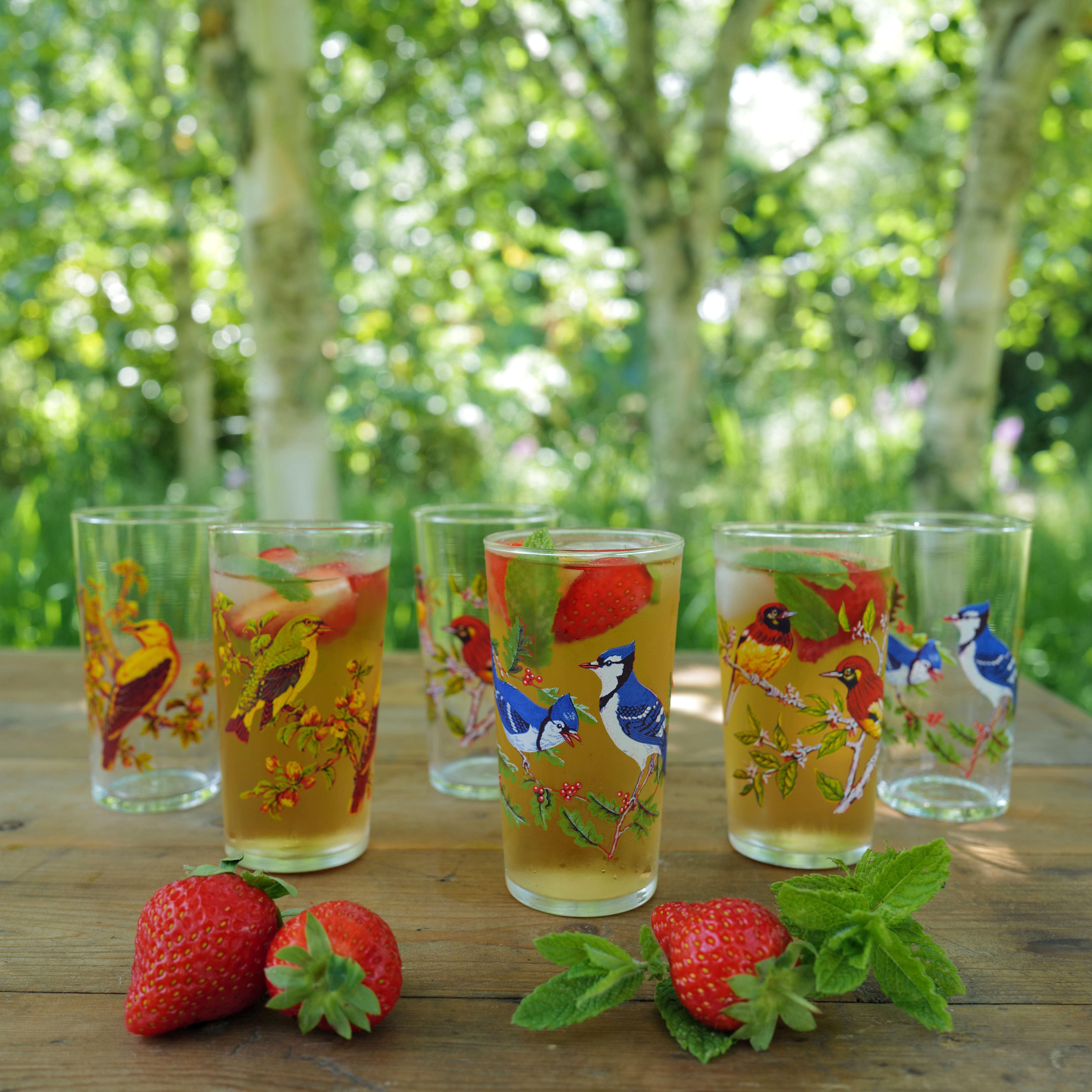 A Set of Six Classic Luminarc Bird Print Glasses