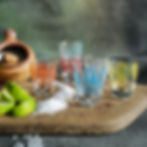 Six French Shot Glasses with Retro Printed Abstract Designs