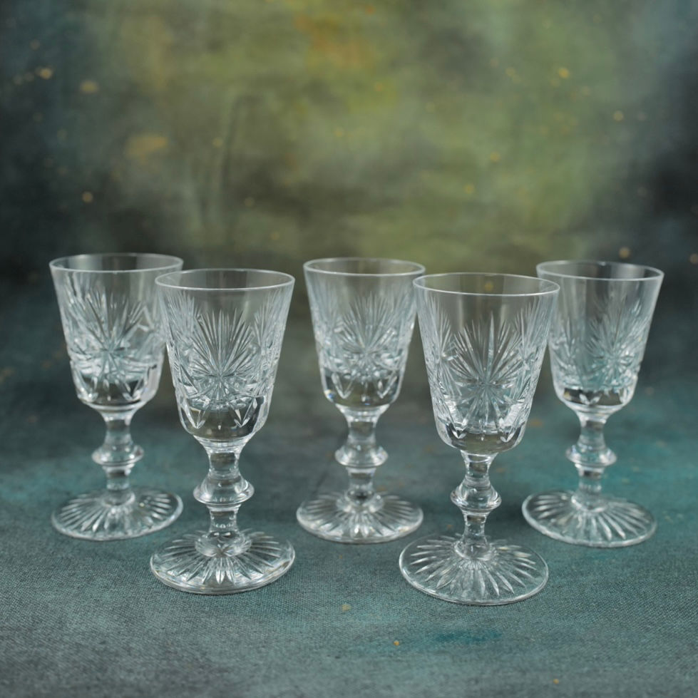A Set of Five Classic Star of Edinburgh Cut Crystal Small Wine Glasses