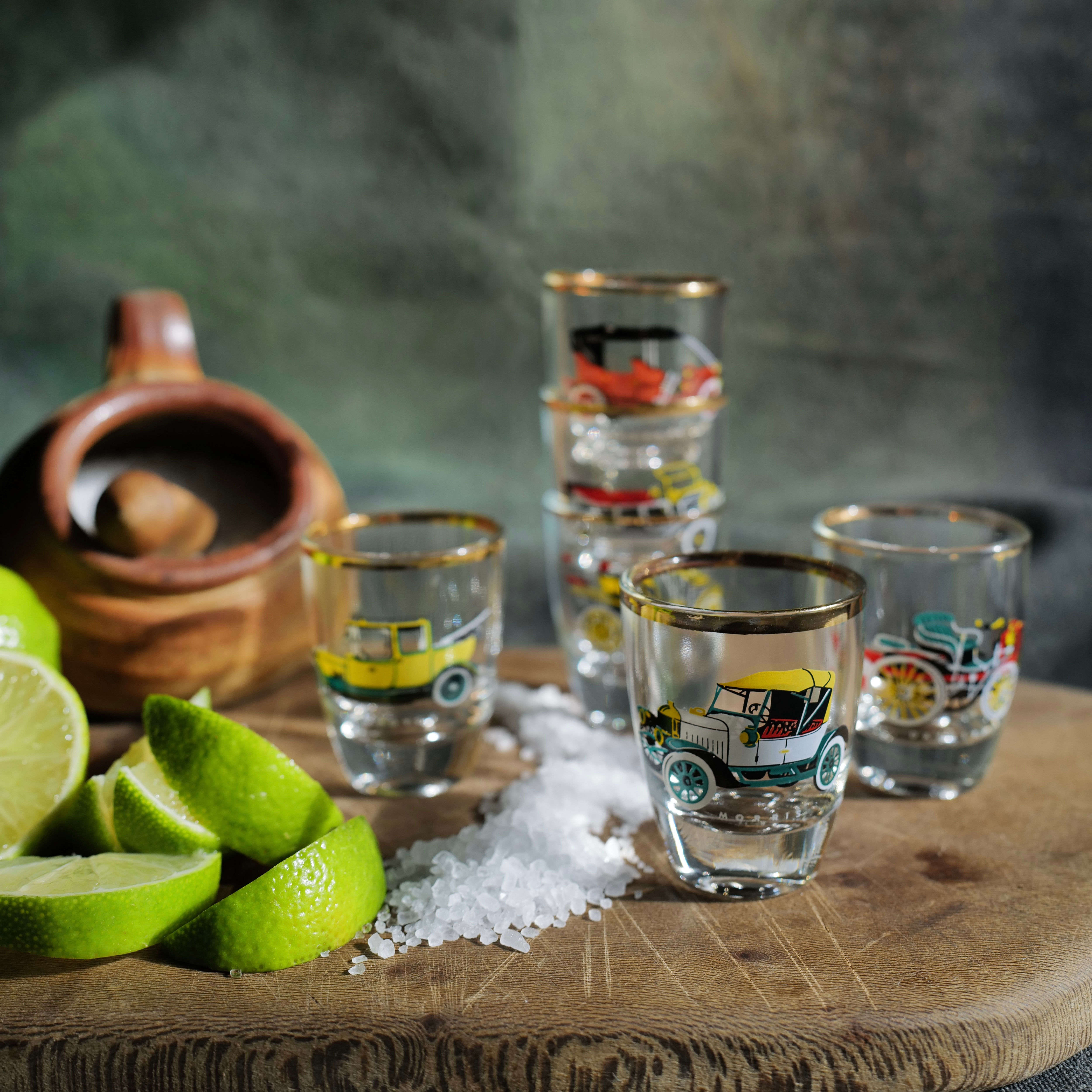 Six French Shot Glasses with Retro Printed Car Designs