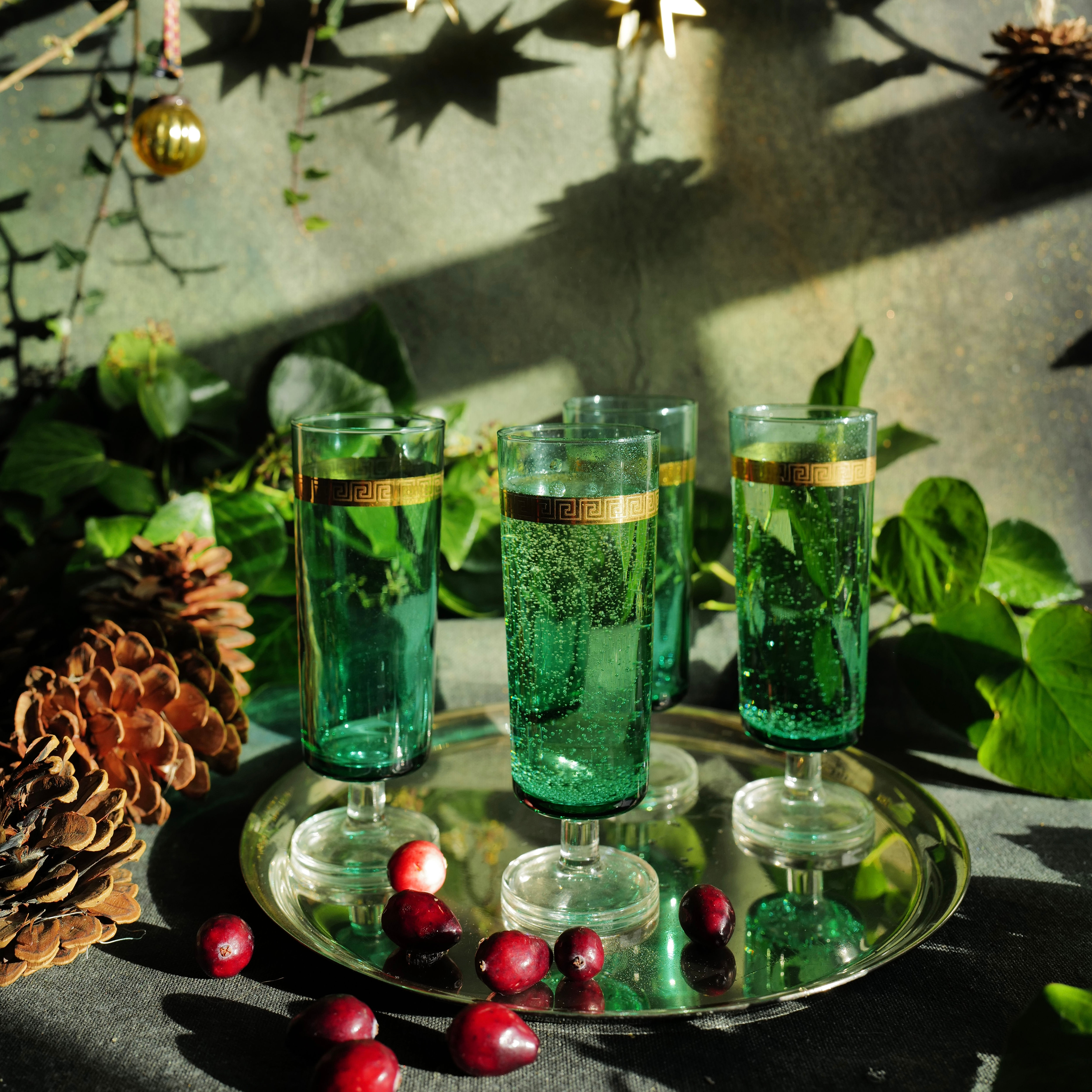 Set of Four Vintage Luminarc Cavalier Green Flutes with Gold Band