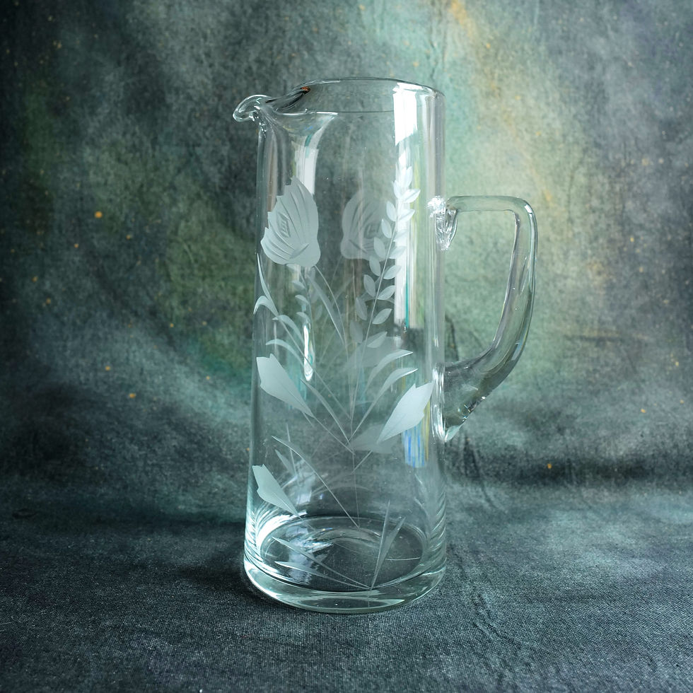 A Vintage Tall Handblown Etched Glass Jug