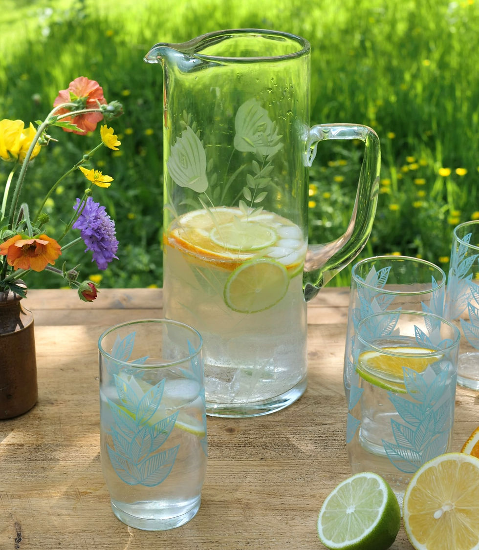 A Vintage Tall Handblown Etched Glass Jug
