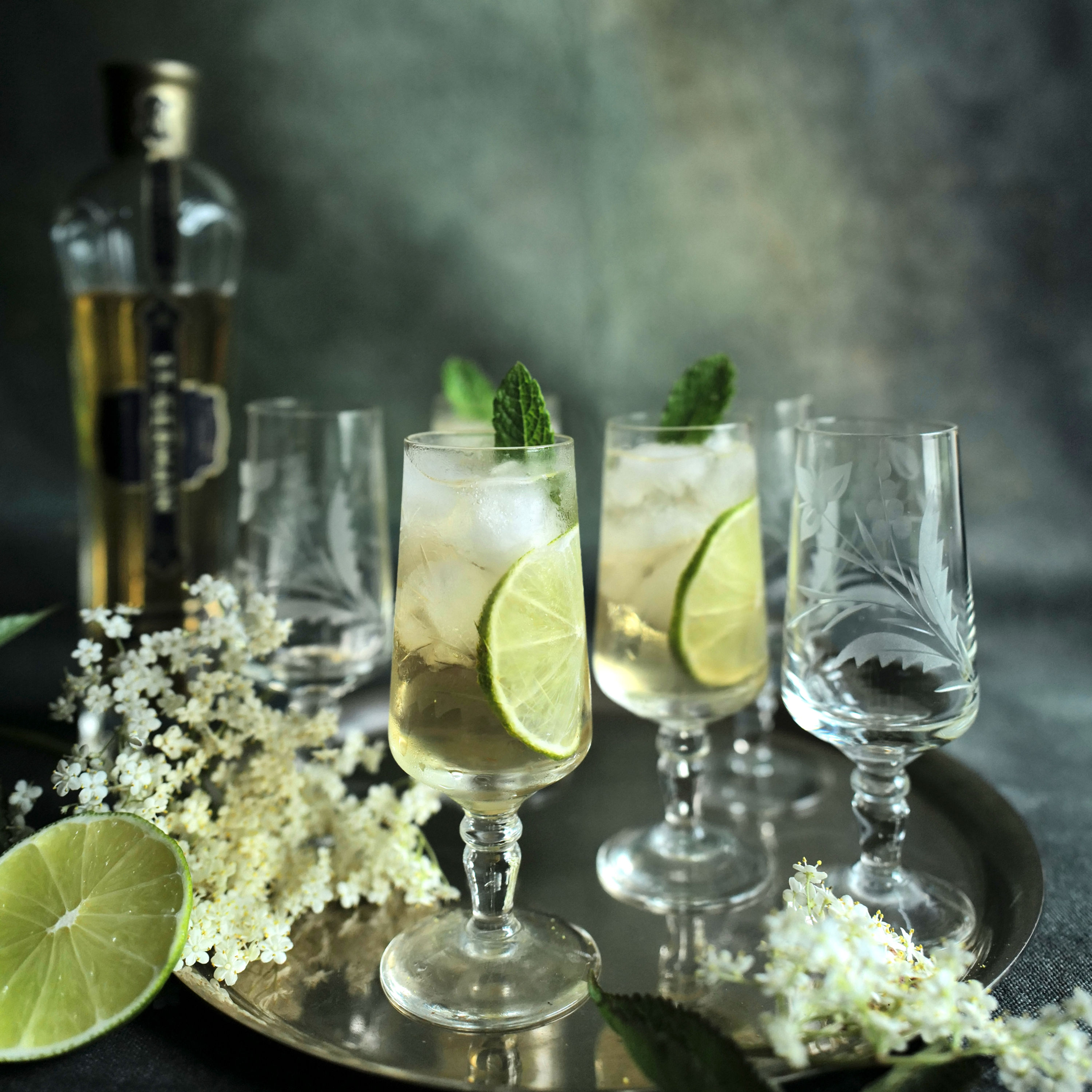 Six Vintage Small and Elegant Etched Footed Glasses