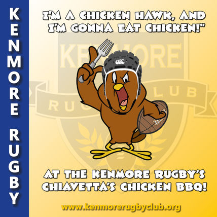 Hennry Hawk wearing a rugby cap, and holding a fork and a rugby ball