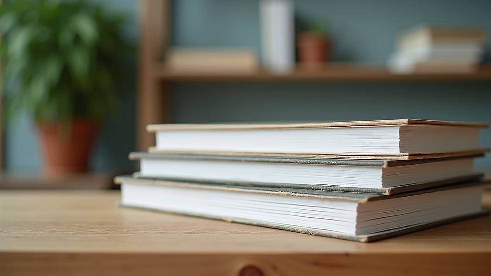 Eye-level view of a stack of SAP books on a wooden desk