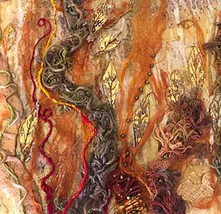 mixed media textile and embroidery vessel by student on Esther Collins textile and embroidery workshop in West Sussex.