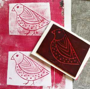 gelli printed snowflakes using hand made stamps