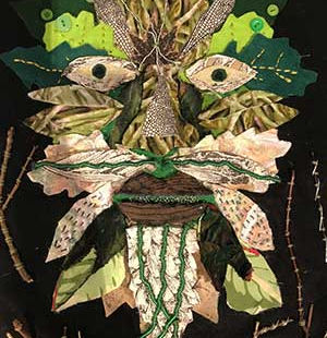 mixed media embroidered wall hanging by student on Esther Collins textile and embroidery workshop in West Sussex.