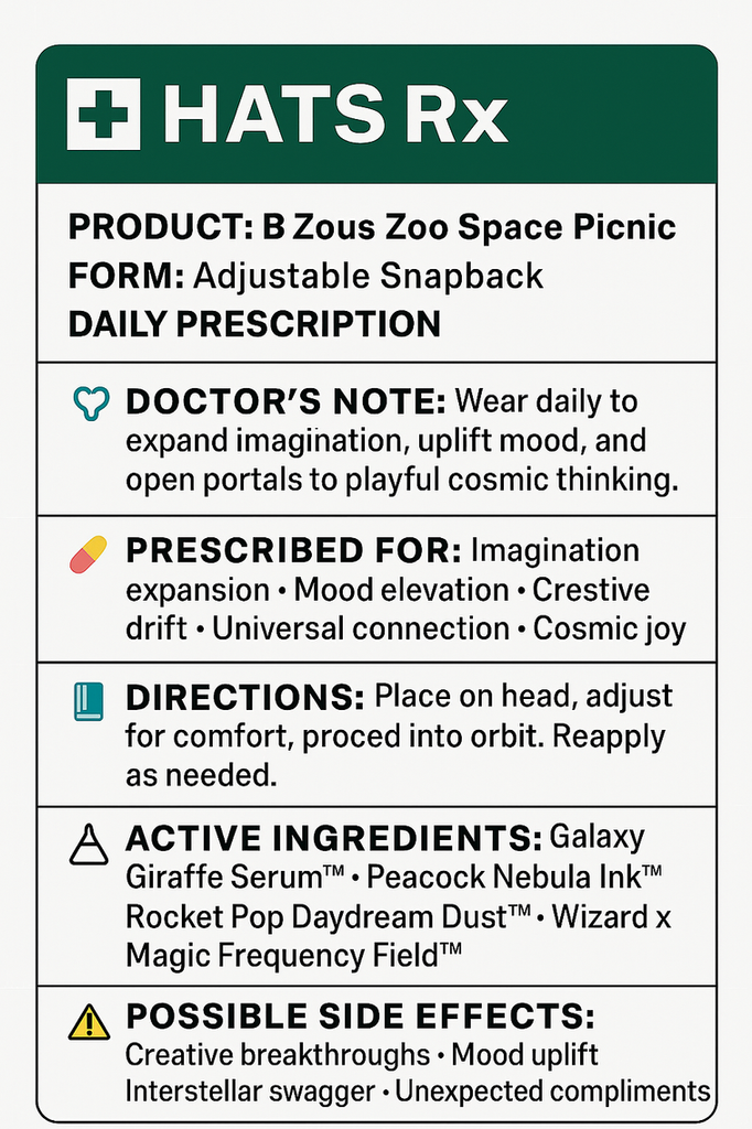 Stylized Rx information card for B Zous Zoo Space Picnic hat with active ingredients and mood-enhancing description.
