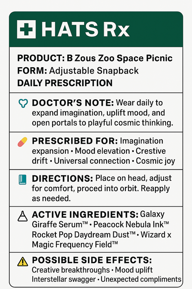 Stylized Rx information card for B Zous Zoo Space Picnic hat with active ingredients and mood-enhancing description.