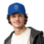 Young man wearing a blue Diamond Mind cap with embroidered logo