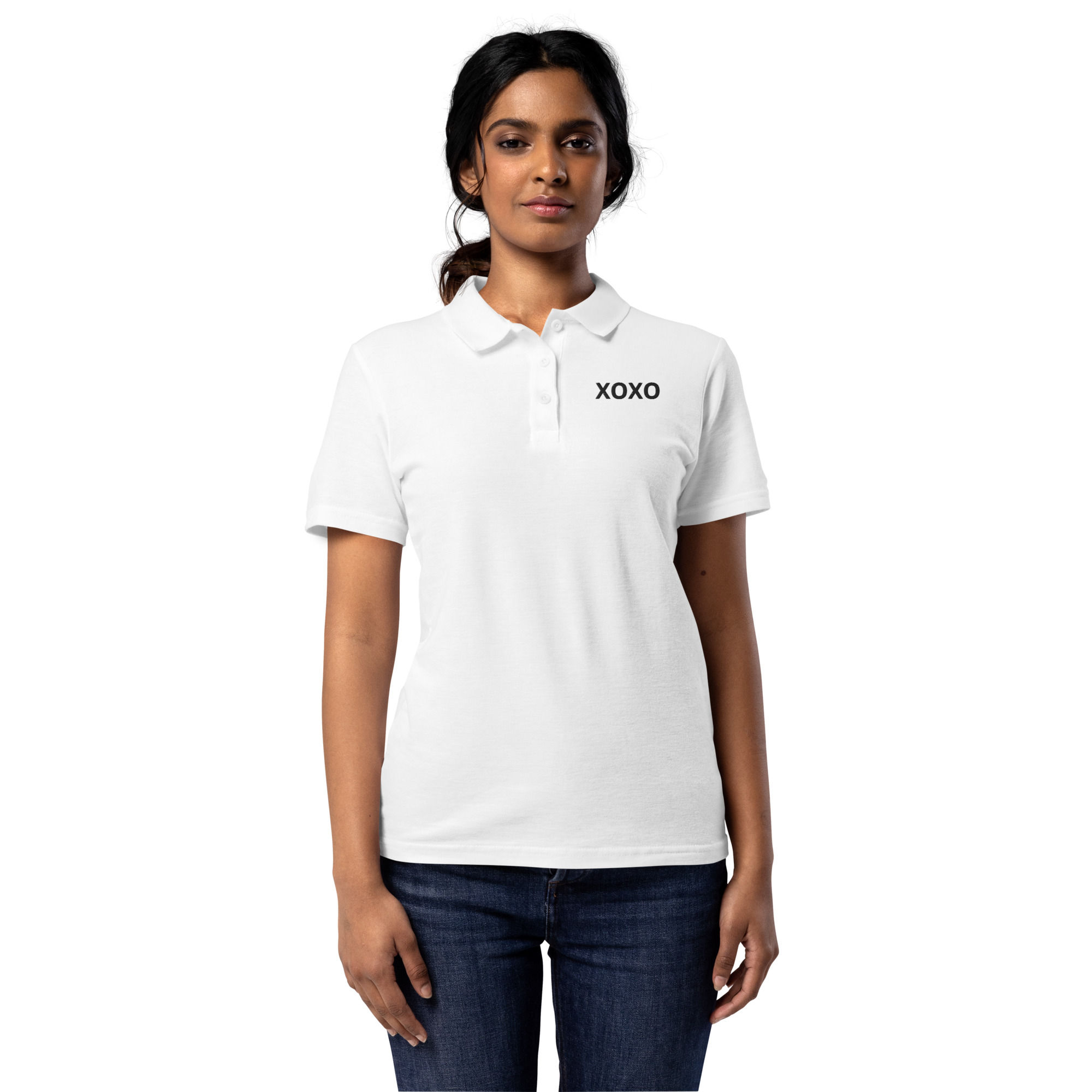 XOXO women’s embroidered pique polo shirt white black