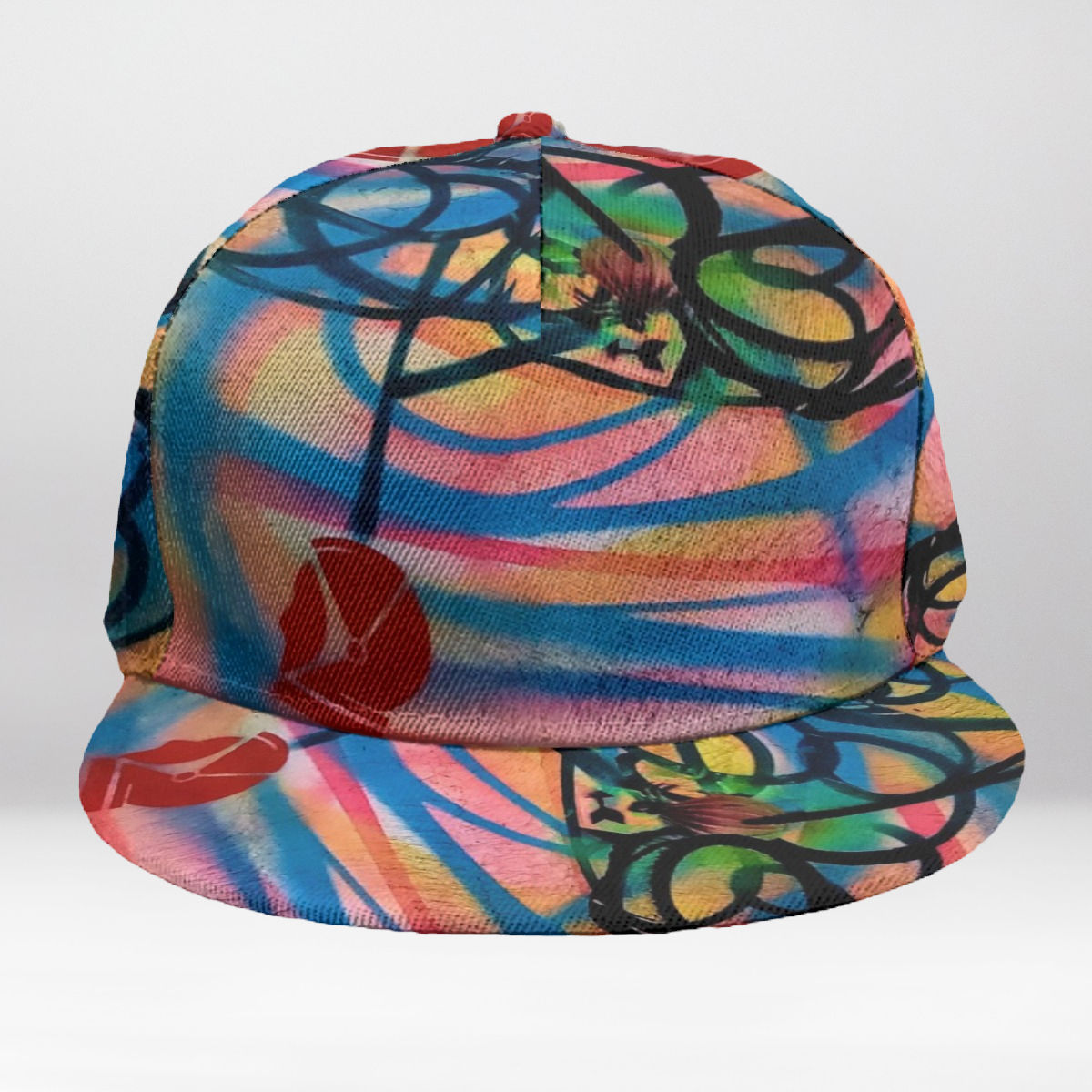 Beautiful Mind Snapback Hat – front view of colorful abstract artistic design with swirling patterns and bold color strokes.