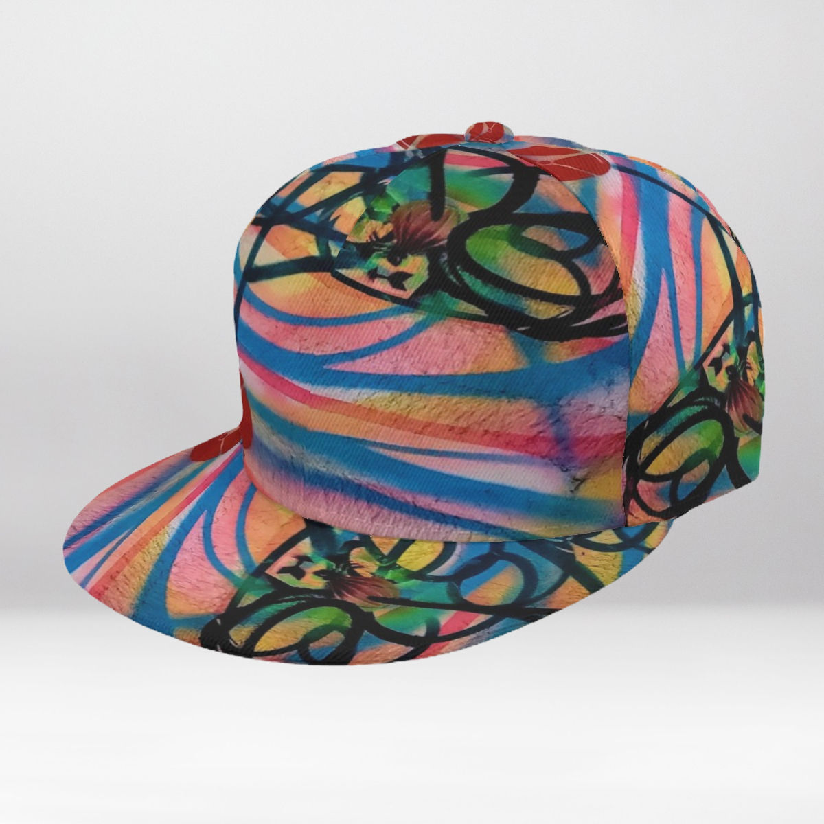 Beautiful Mind Snapback Hat – side view showing vibrant multi-color artwork and black abstract linework.