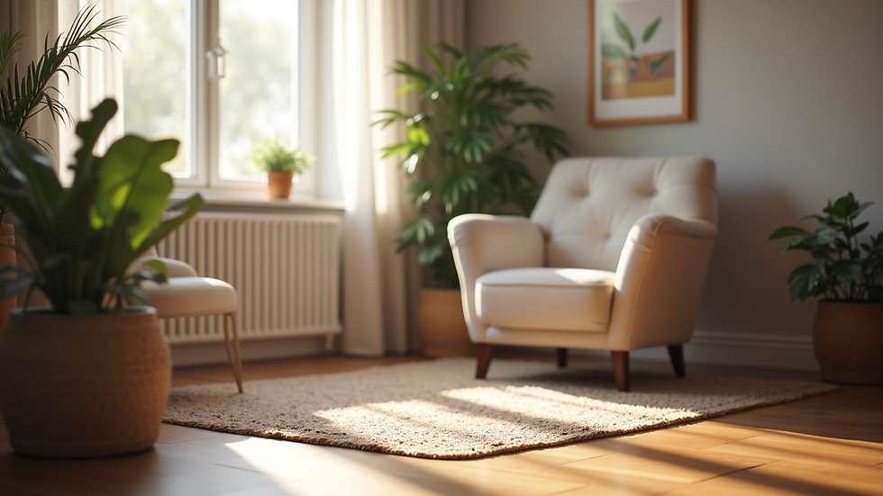 Eye-level view of a cozy counselling office with a comfortable chair and soft lighting