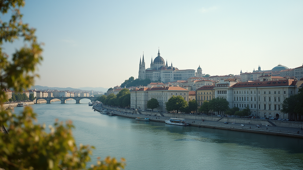 Wide angle view of Buda Castle with the Danube River in the foreground