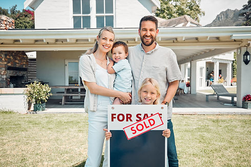 Ownership, parents and kids with house sale or sold poster with smile for real estate and