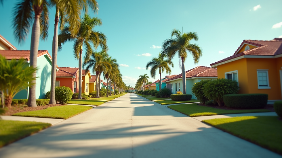 Wide angle view of a colorful Florida neighborhood