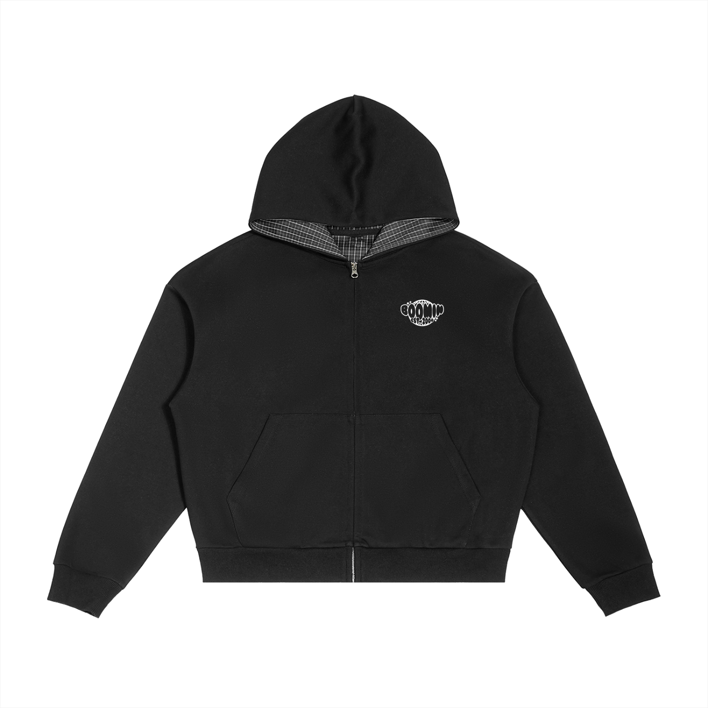 Contrast Plaid Zip Hoodie -Black