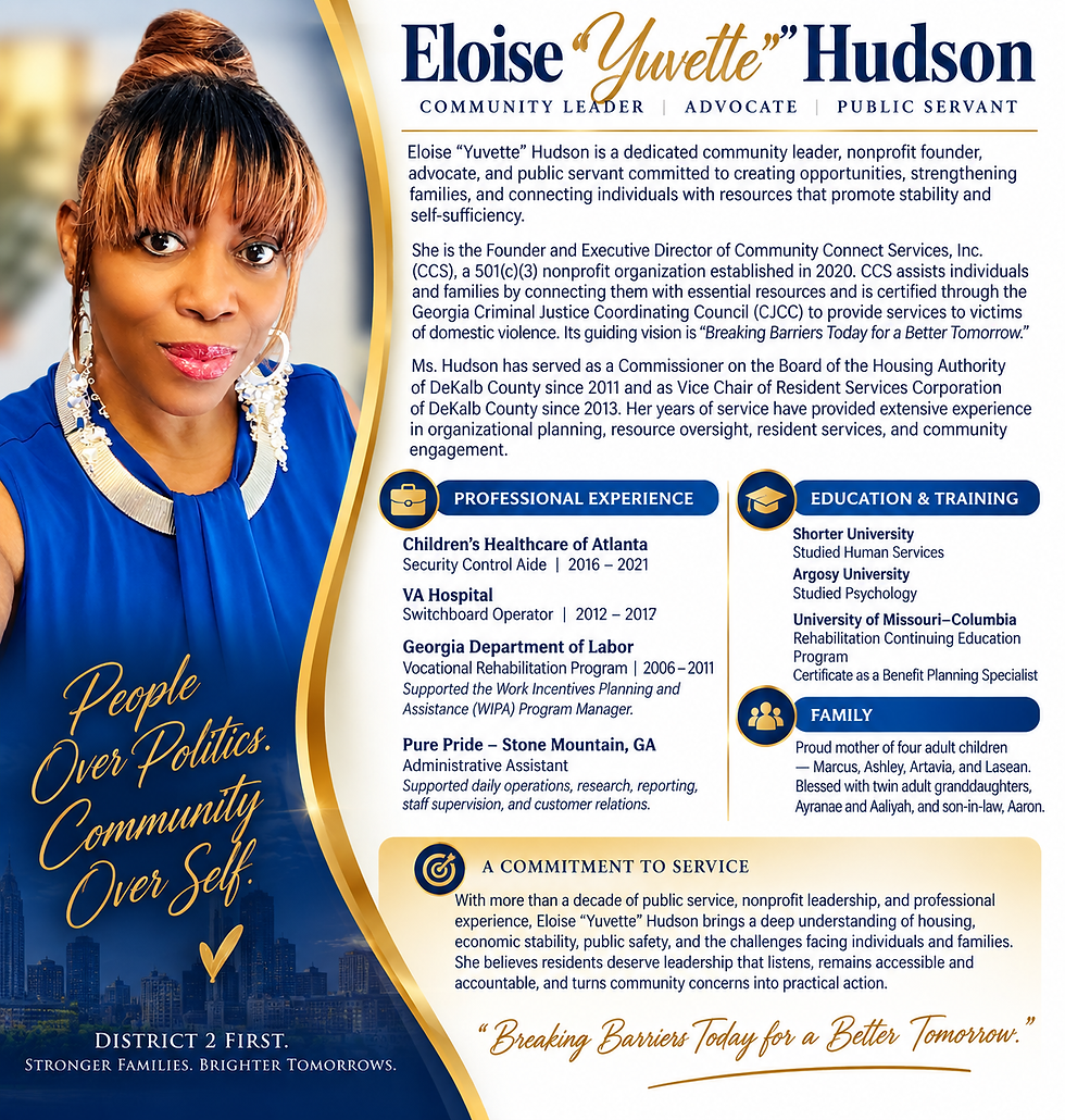 Portrait and resume-style campaign flyer for Eloise “Yuvette” Hudson