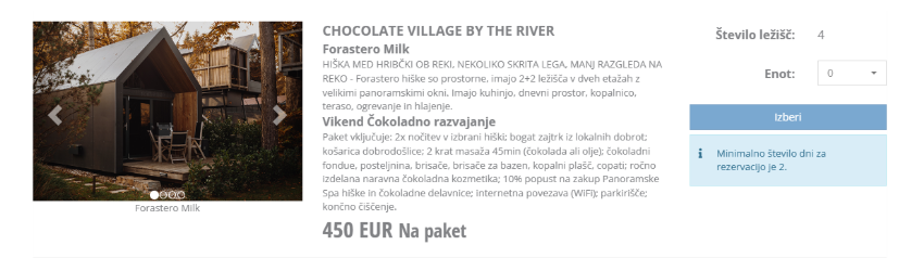Zajem zaslona: Primer paketa “Čokoladno razvajanje” na rezervacijskem motorju ponudnika namestitve Chocolate Village