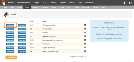 Ceniki - urejanje novega cenika