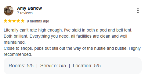 Five star review for Hill Farm Caravan and Camping: Literally can't rate high enough. I've staid in both a pod and bell tent. Both brilliant. Everything you need, all facilities are clean and well maintained. Close to shops, pubs but still out the way of the hustle and bustle. Highly recommended.