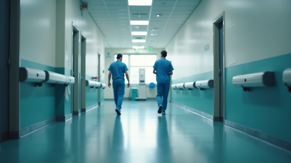 Eye-level view of a hospital corridor with medical staff walking