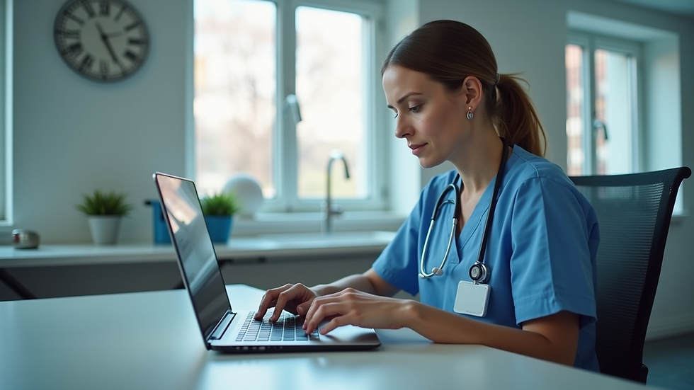 Eye-level view of a nurse using a laptop for online learning