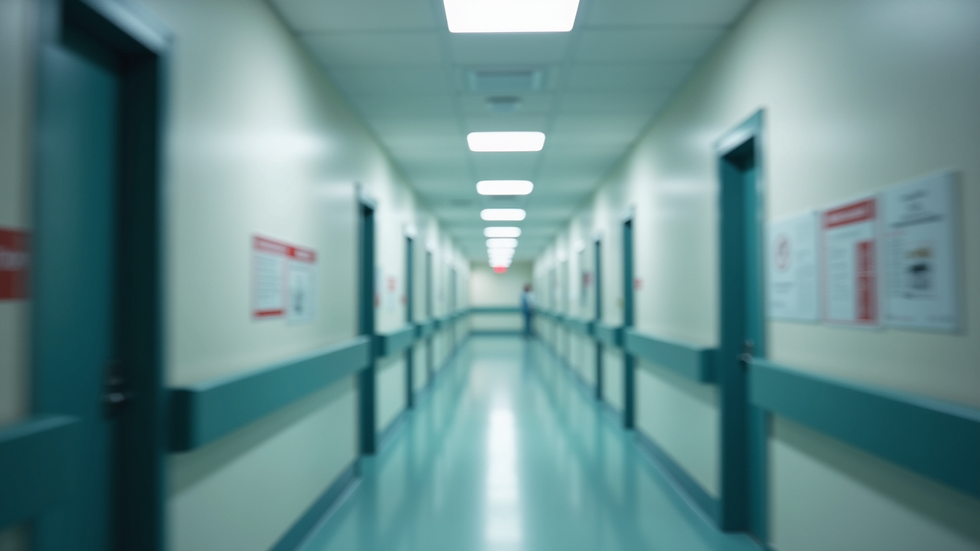 Eye-level view of a hospital corridor with safety signage