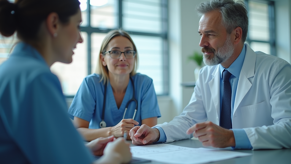 Close-up view of a consultant reviewing patient safety protocols with healthcare staff