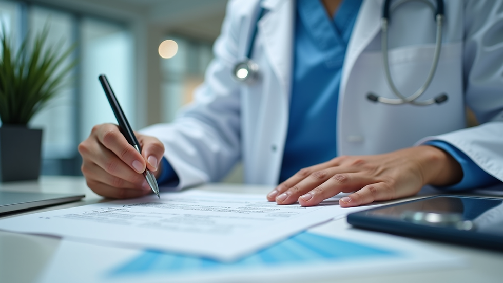 Close-up view of a healthcare professional reviewing accreditation documents