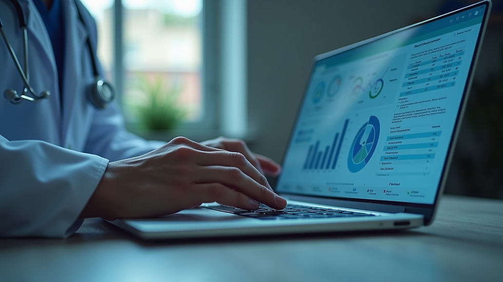 Eye-level view of a healthcare professional analyzing clinical data on a laptop