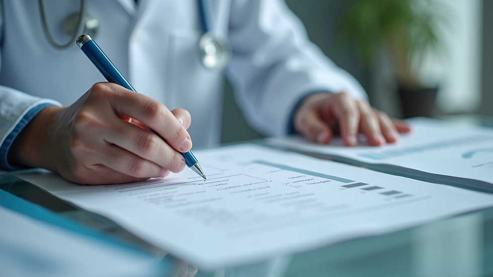 Close-up view of a healthcare professional reviewing patient records