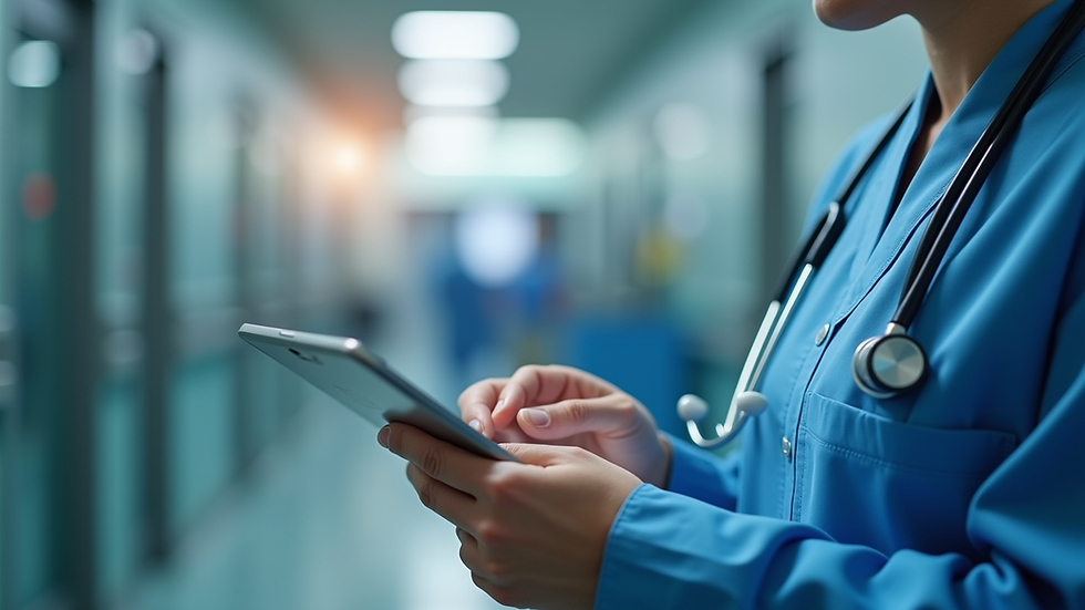 Close-up view of a healthcare consultant reviewing hospital operational data on a tablet