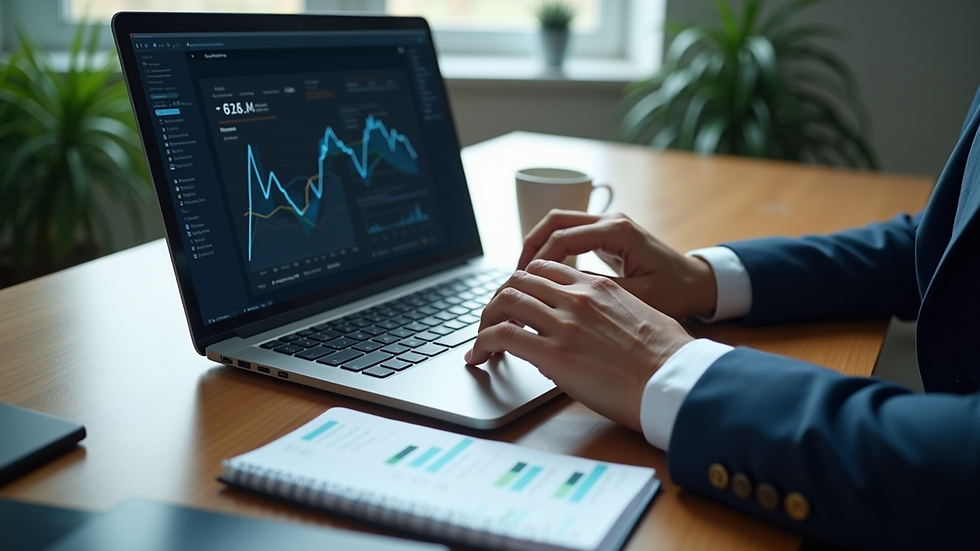 High angle view of a business professional analyzing risk management data on a laptop