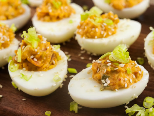 Bacon and Kimchi Deviled Eggs