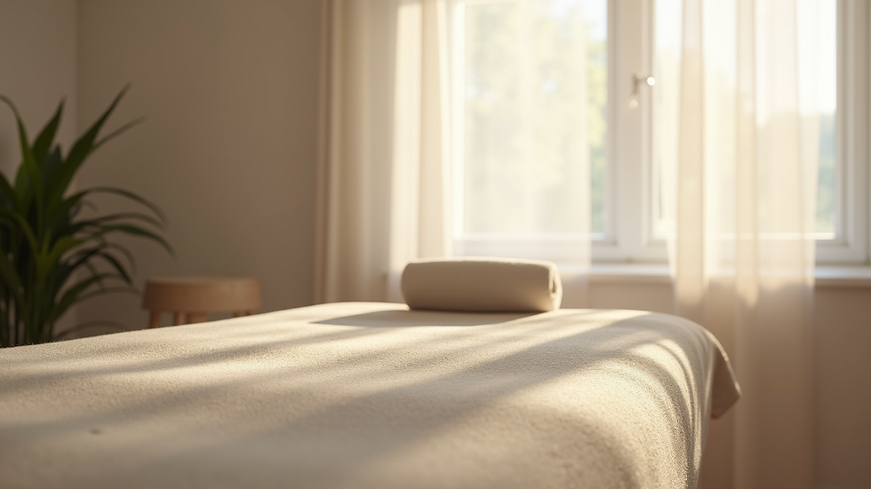 Eye-level view of a calm therapy room with a treatment table