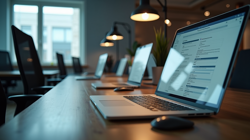 Eye-level view of a modern office workspace with multiple digital devices